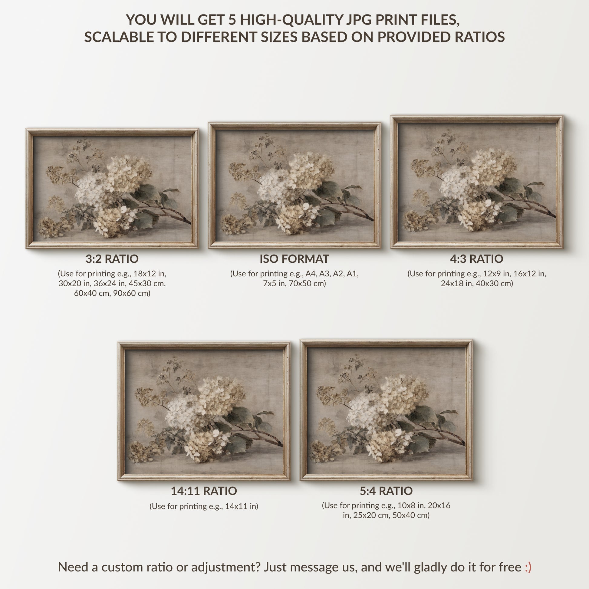 Framed floral prints with different aspect ratios on a white background