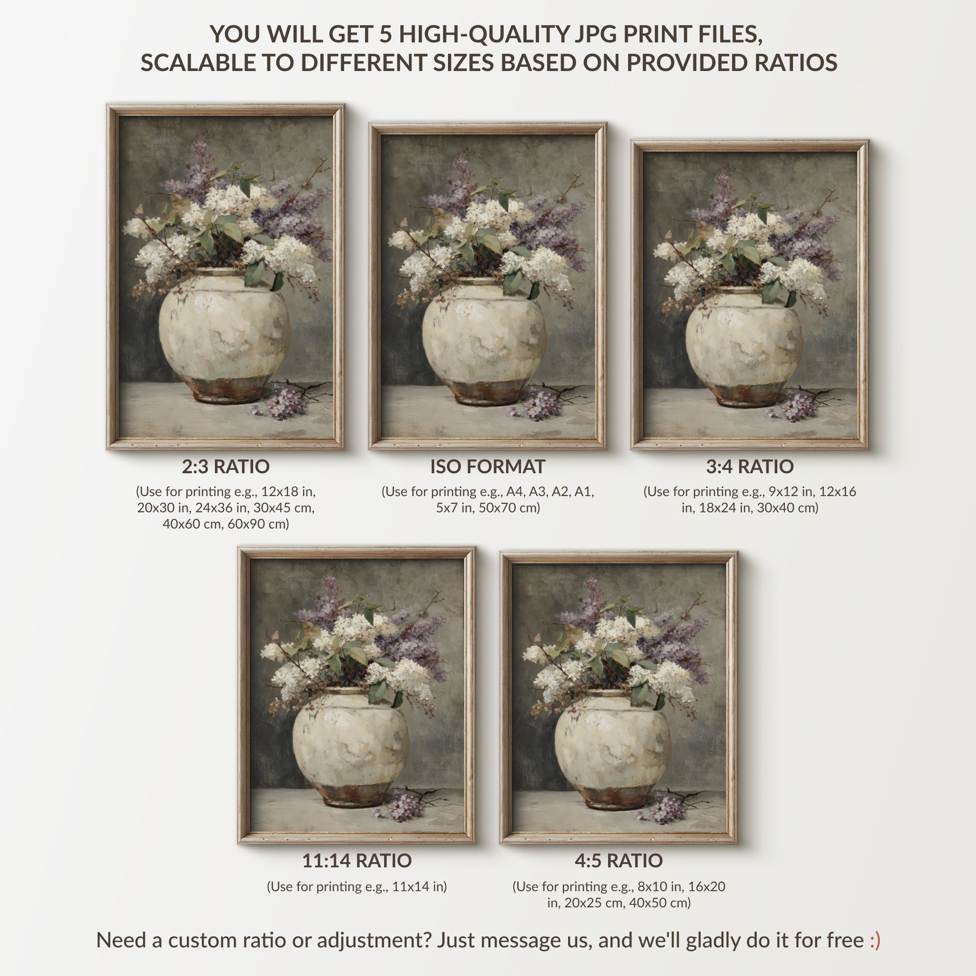 Set of five framed prints of a vase with flowers, showing different aspect ratios.