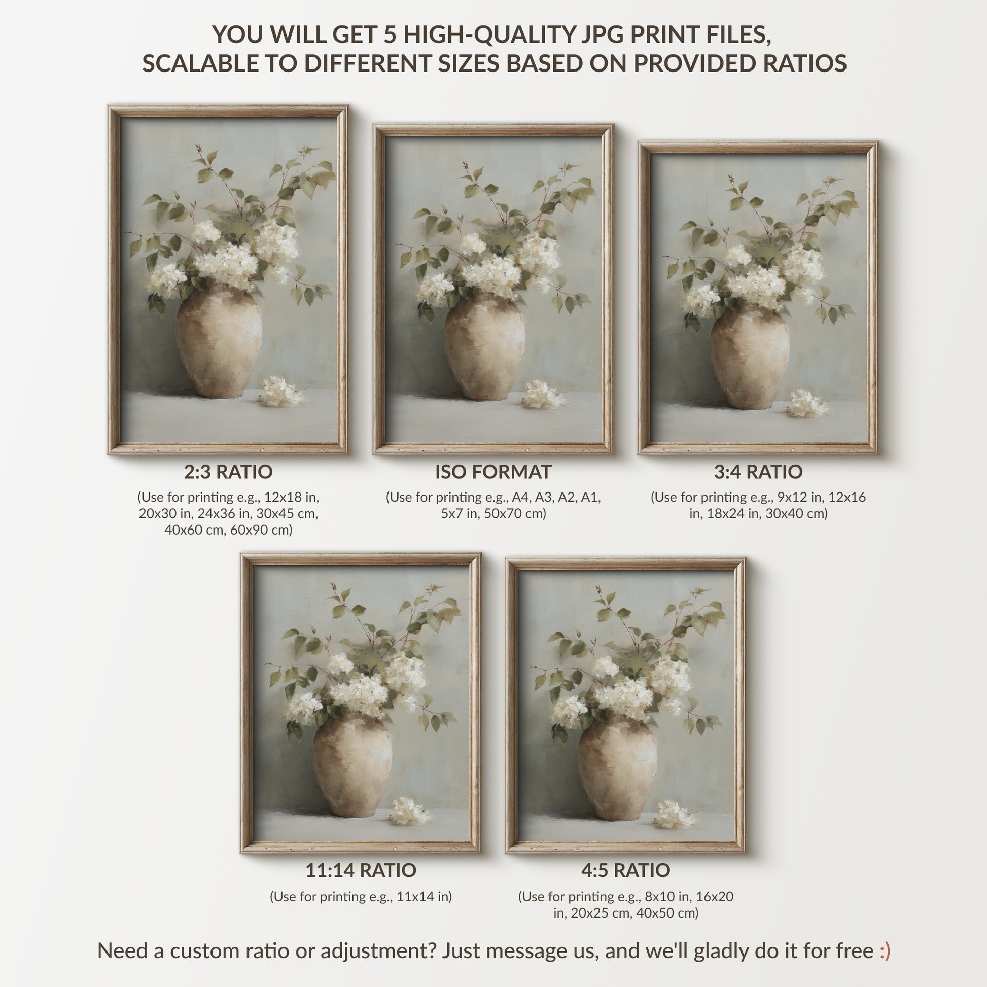 Framed floral prints with different aspect ratios on a white background