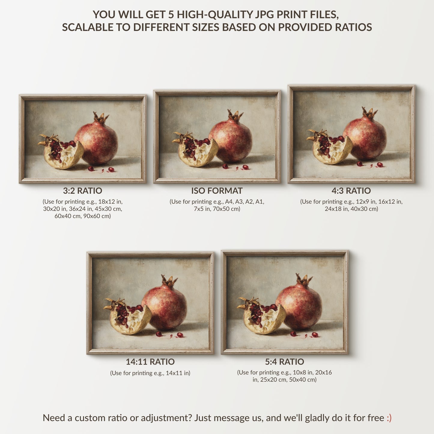 Framed images of pomegranates with different aspect ratios on a light gray background.