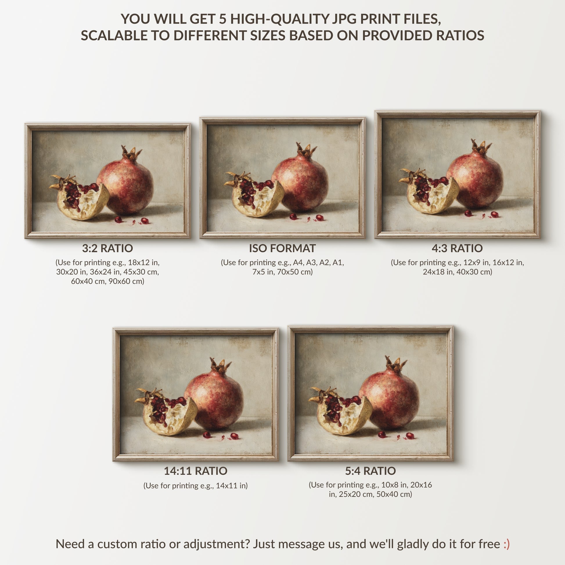 Framed images of pomegranates with different aspect ratios on a light gray background.