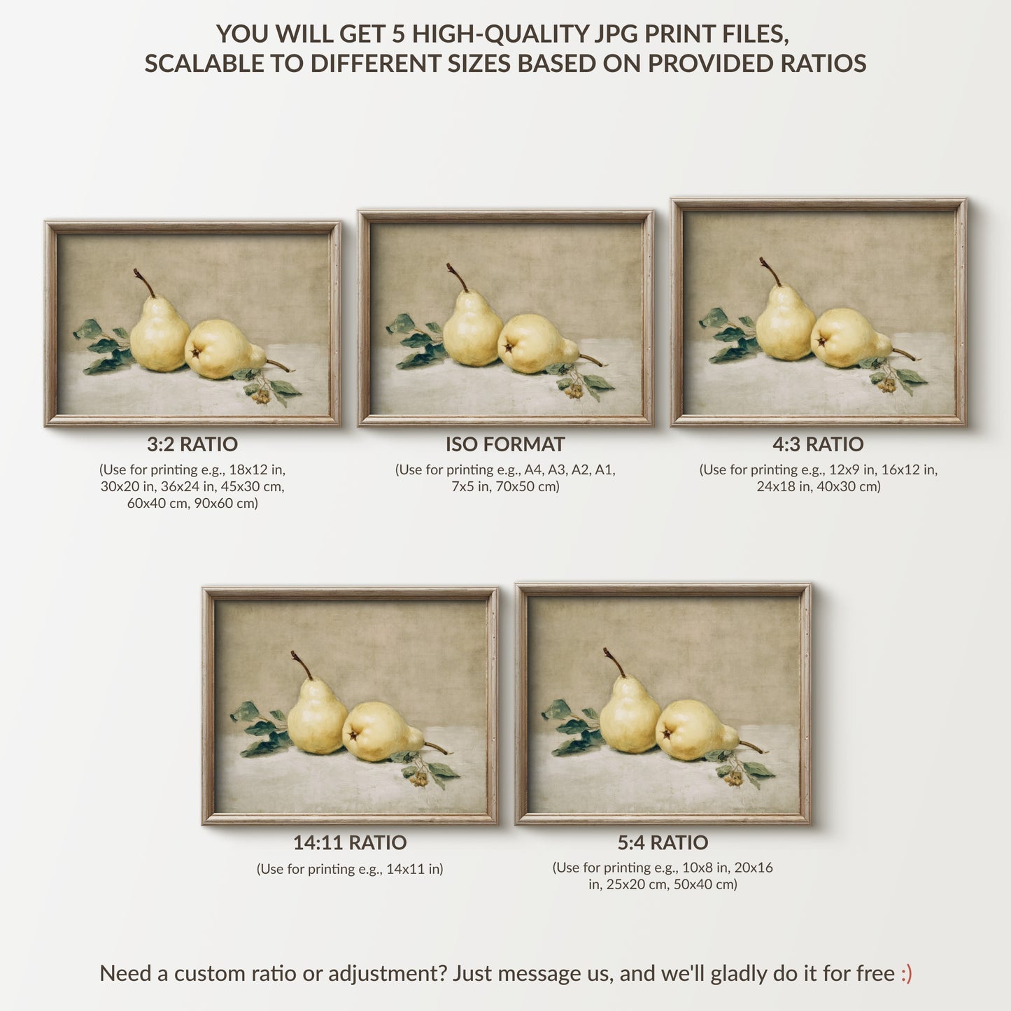 Framed prints of pears with different aspect ratios on a light background