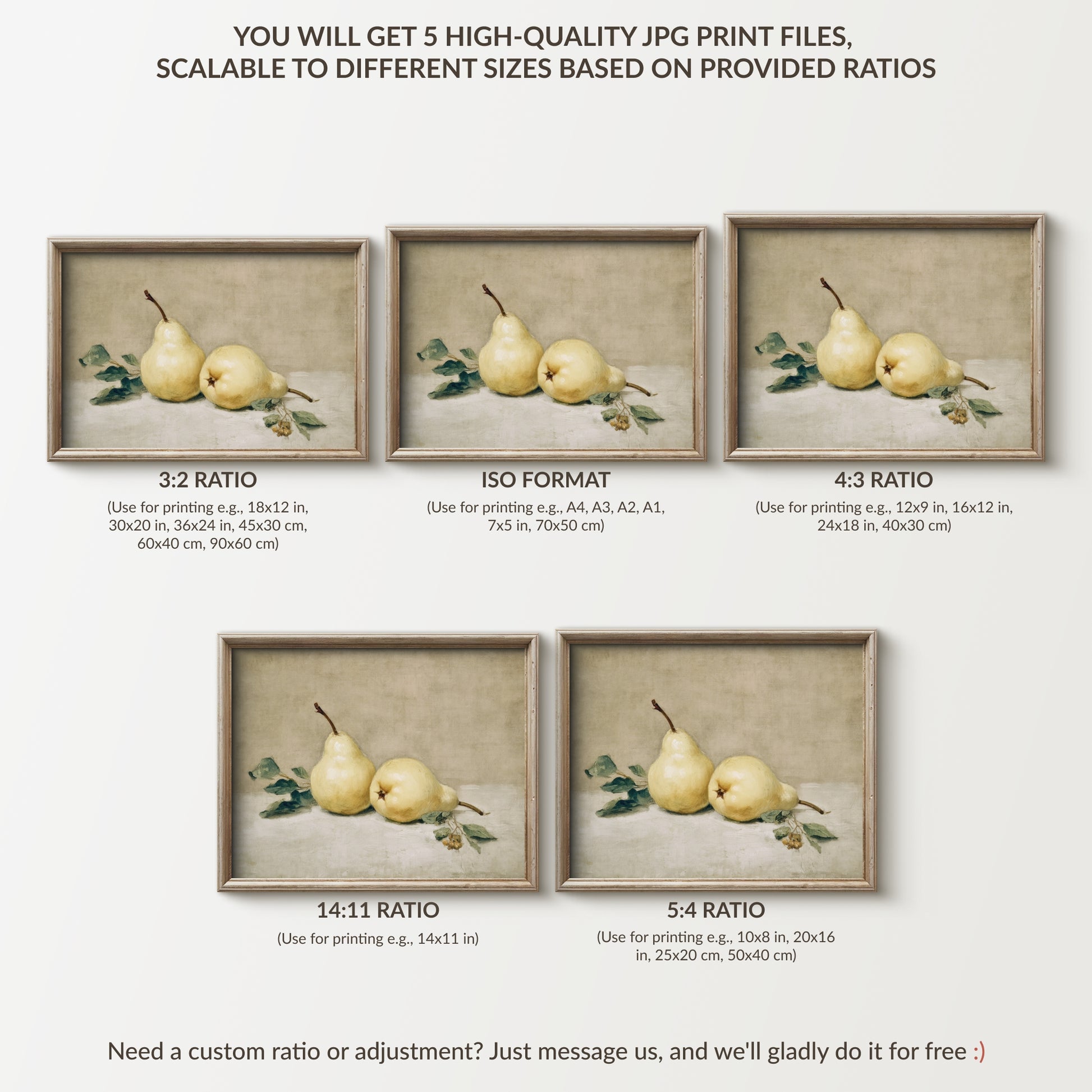 Framed prints of pears with different aspect ratios on a light background
