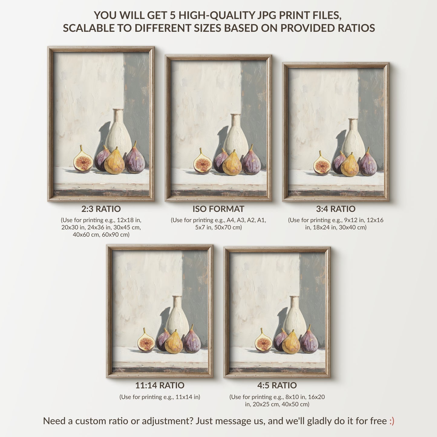 Set of five framed art prints with still life compositions on a light background.