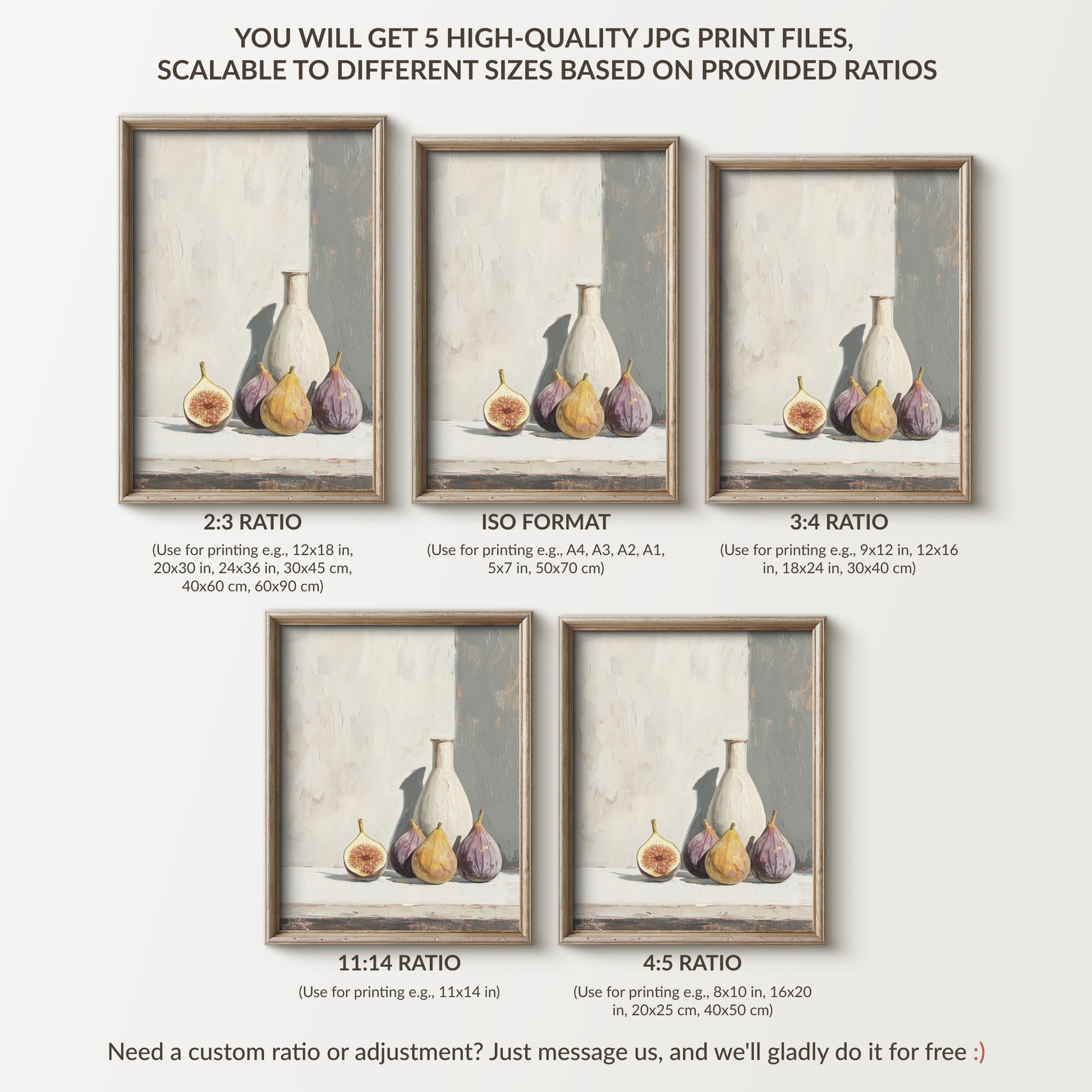 Set of five framed art prints with still life compositions on a light background.
