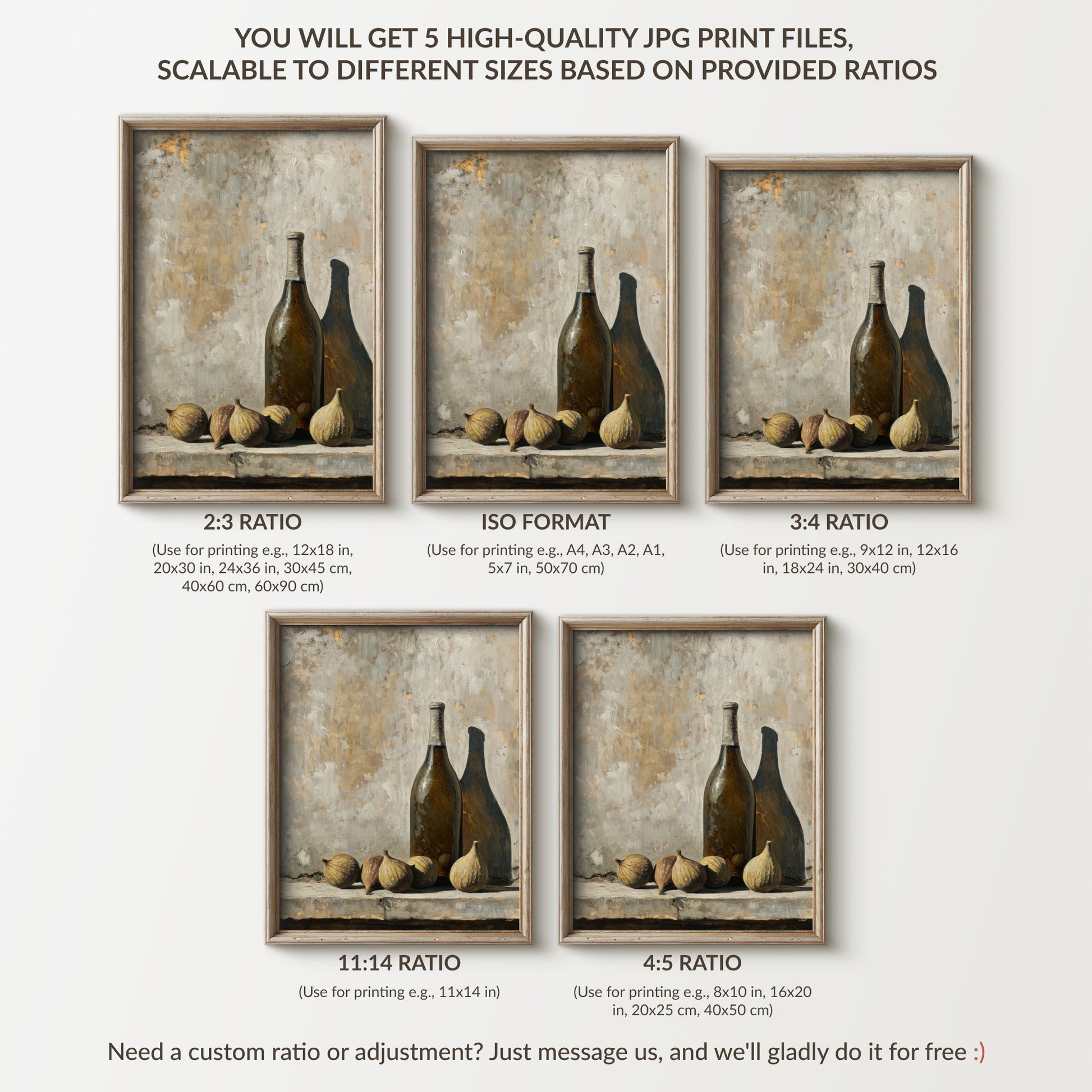 Set of five framed art prints with bottles and fruits, showing different aspect ratios.