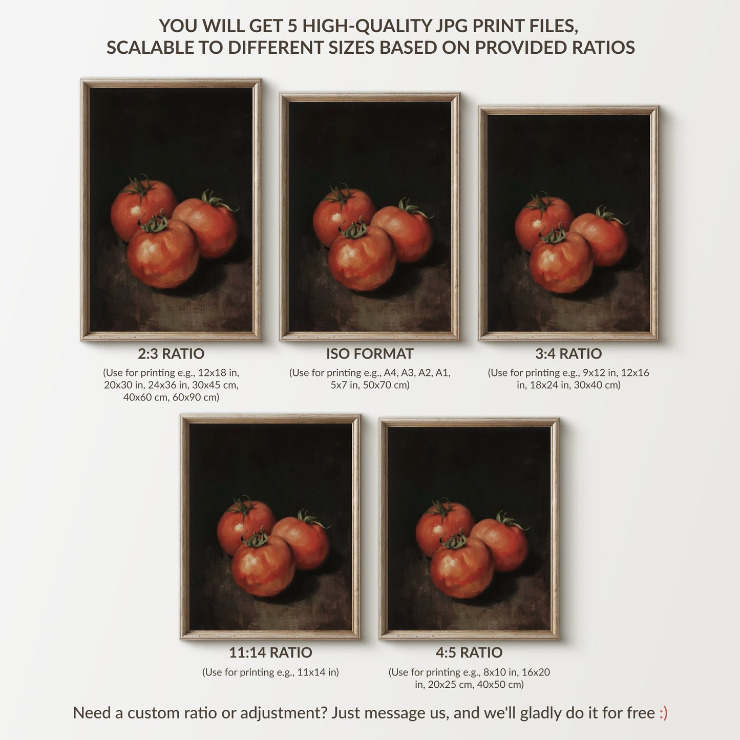 Framed still life of tomatoes with different aspect ratios on a white background