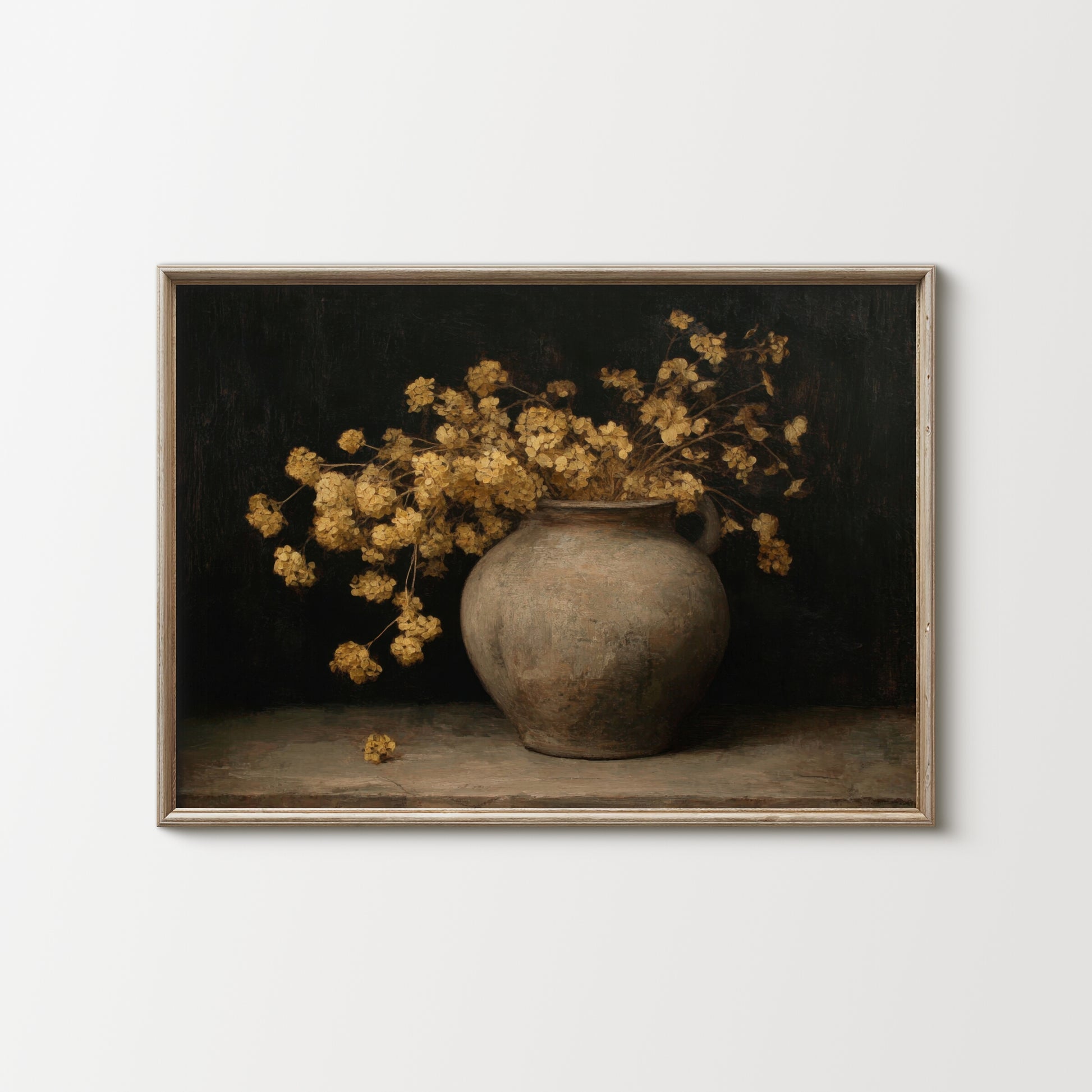 Framed artwork of a still life with a vase and yellow flowers on a dark background