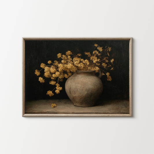Framed artwork of a still life with a vase and yellow flowers on a dark background