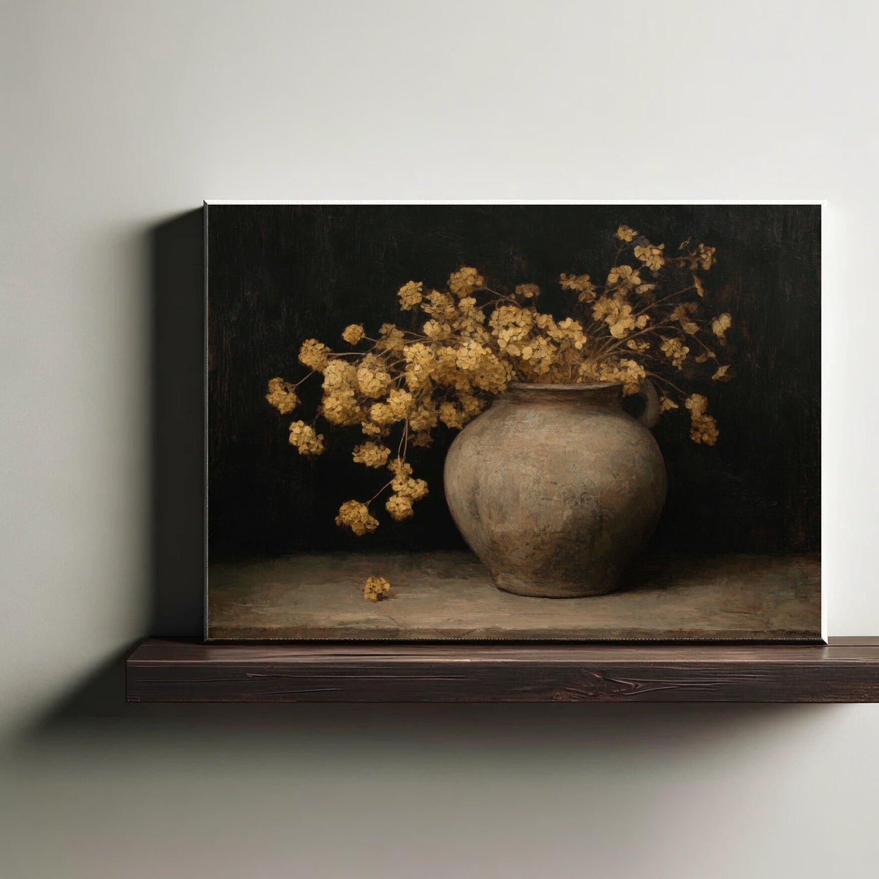 Canvas print of a still life scene with a vase and flowers on a dark background, mounted on a wooden shelf.