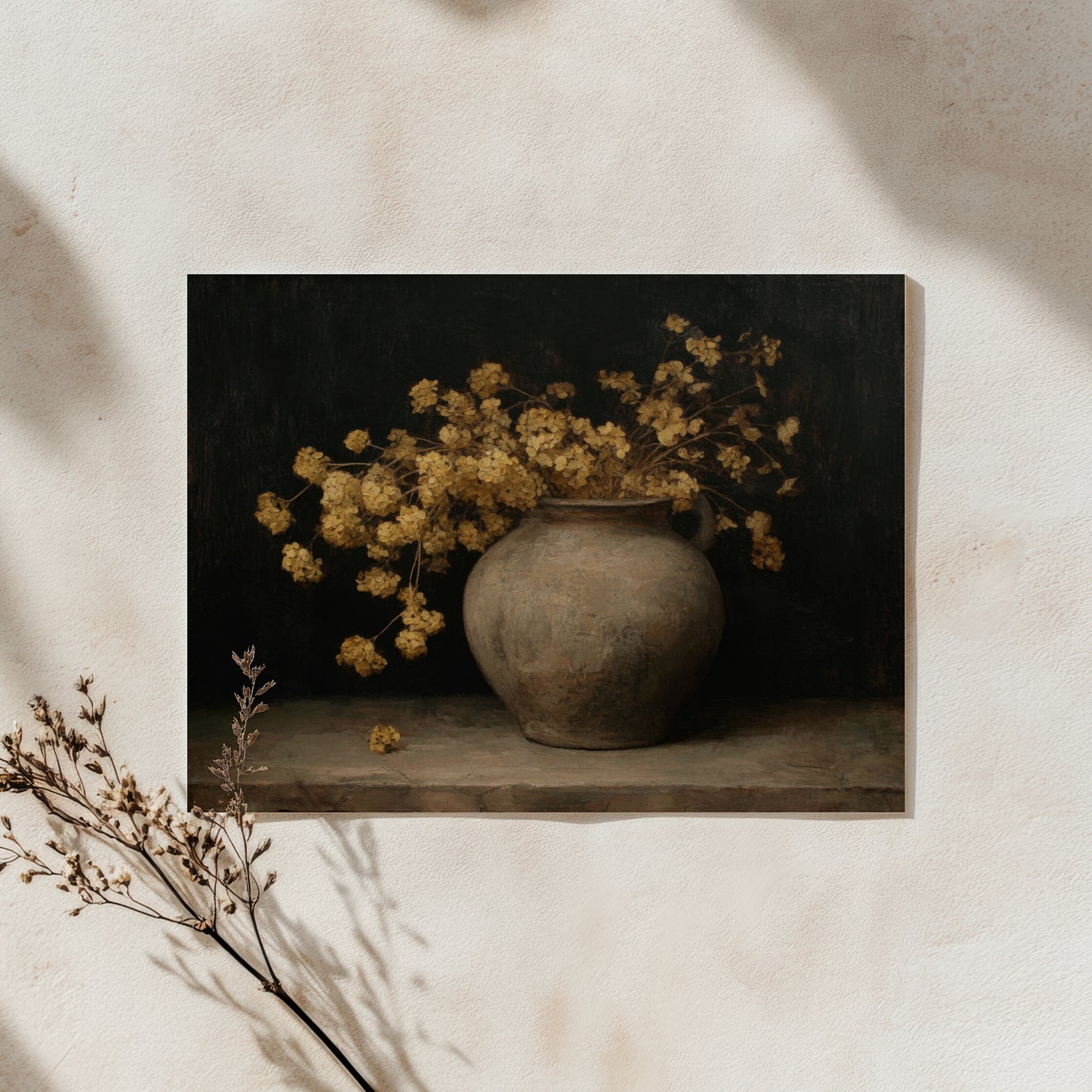 Still life with a vase and dried flowers on a dark background