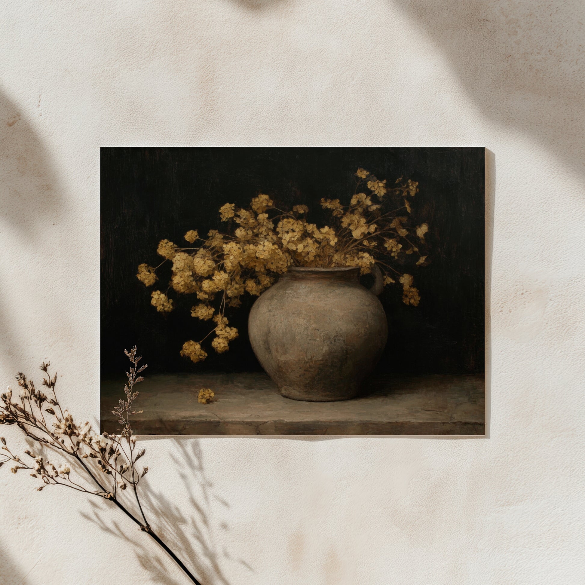 Still life with a vase and dried flowers on a dark background