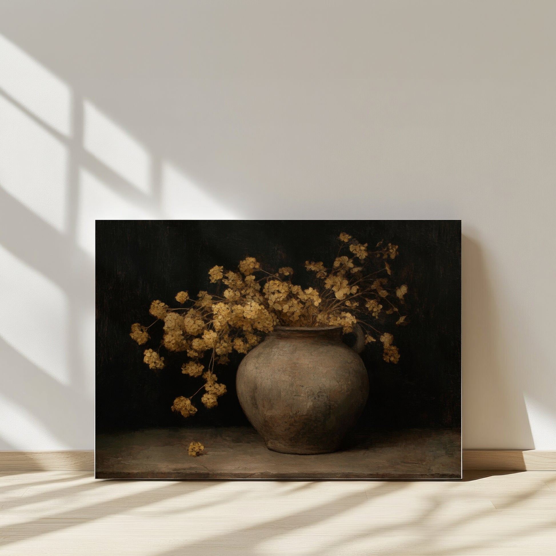 Still life with a vase and yellow flowers against a dark background