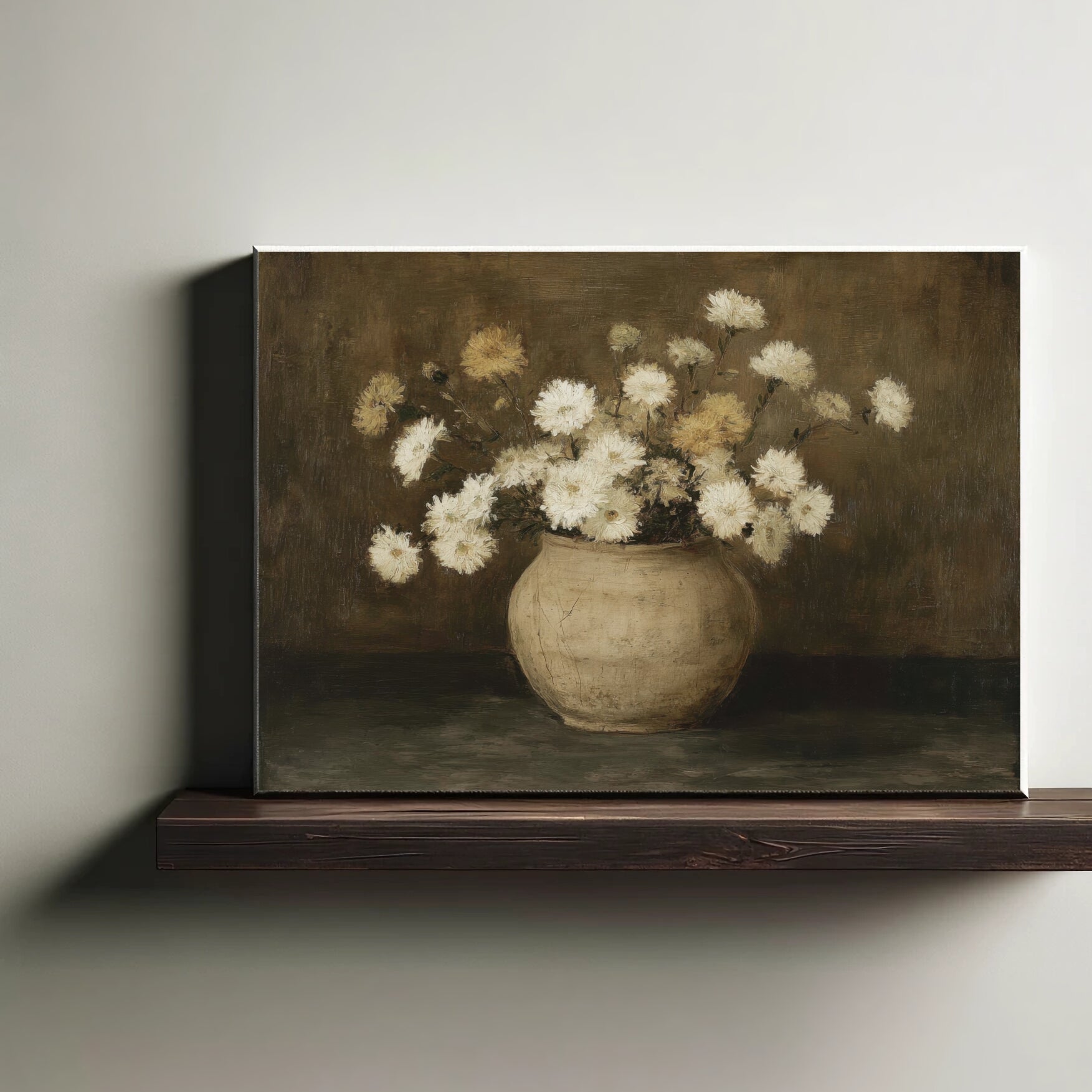 Canvas print of a still life painting with flowers in a vase on a wooden shelf.