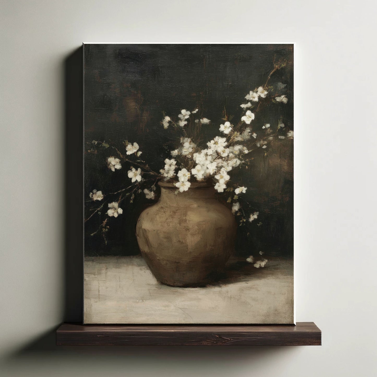 Canvas print of a still life painting with a vase and flowers on a dark background.