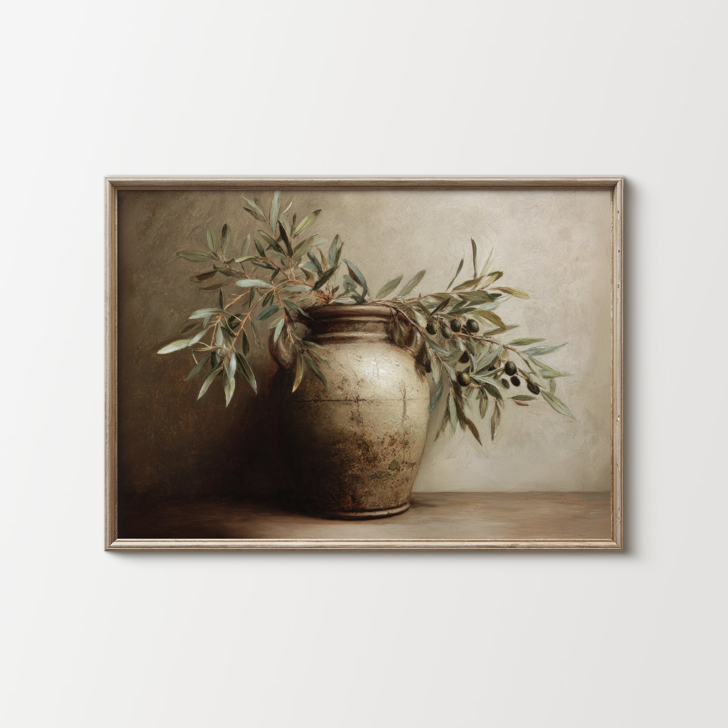 Framed artwork of a vase with olive branches on a neutral background