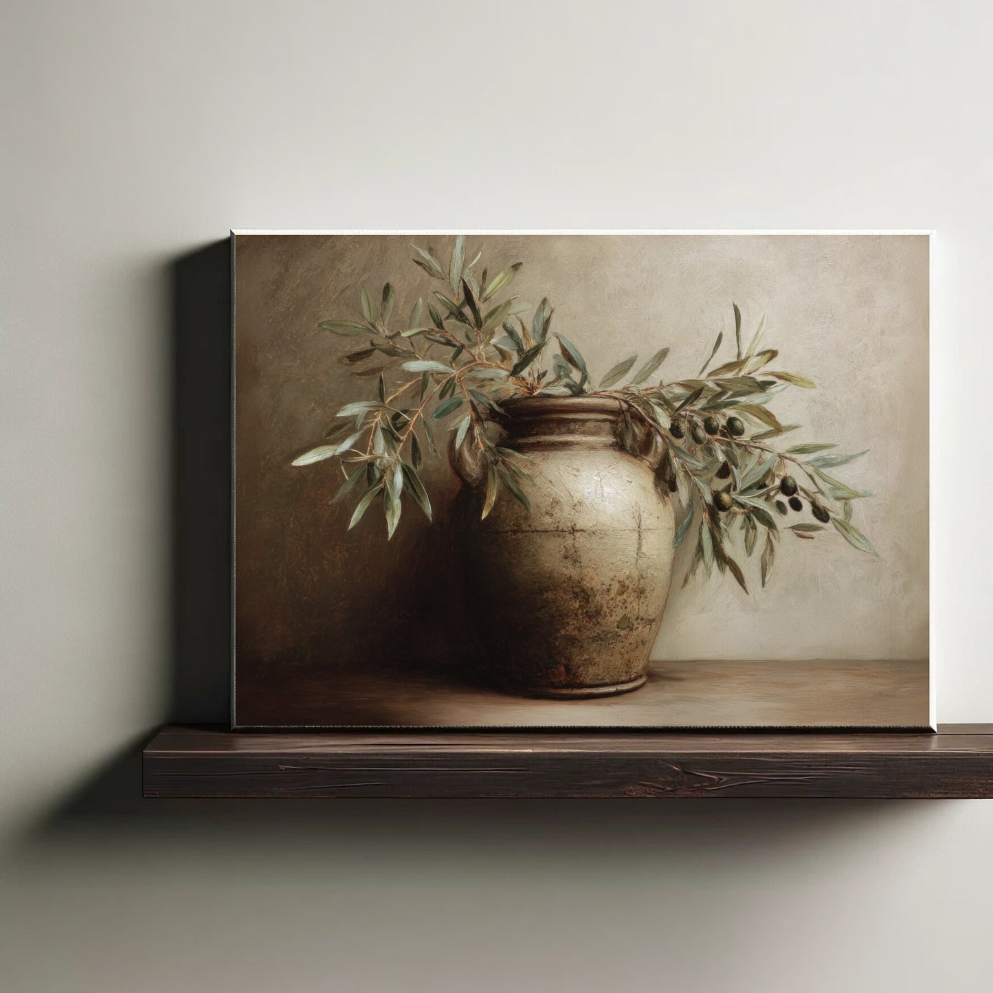 Canvas print of a rustic pot with olive branches on a wooden shelf against a neutral wall.
