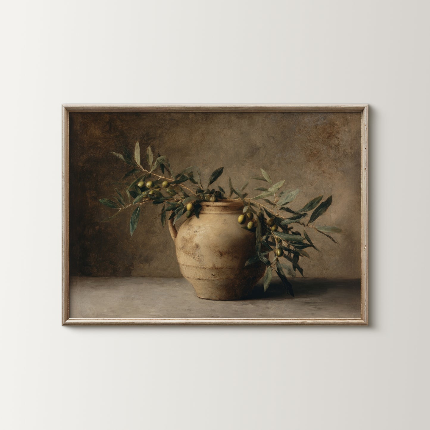 Framed artwork of a still life with a vase and olive branches on a neutral background