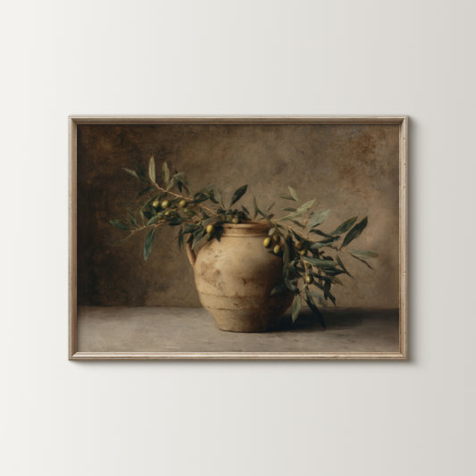 Framed artwork of a still life with a vase and olive branches on a neutral background