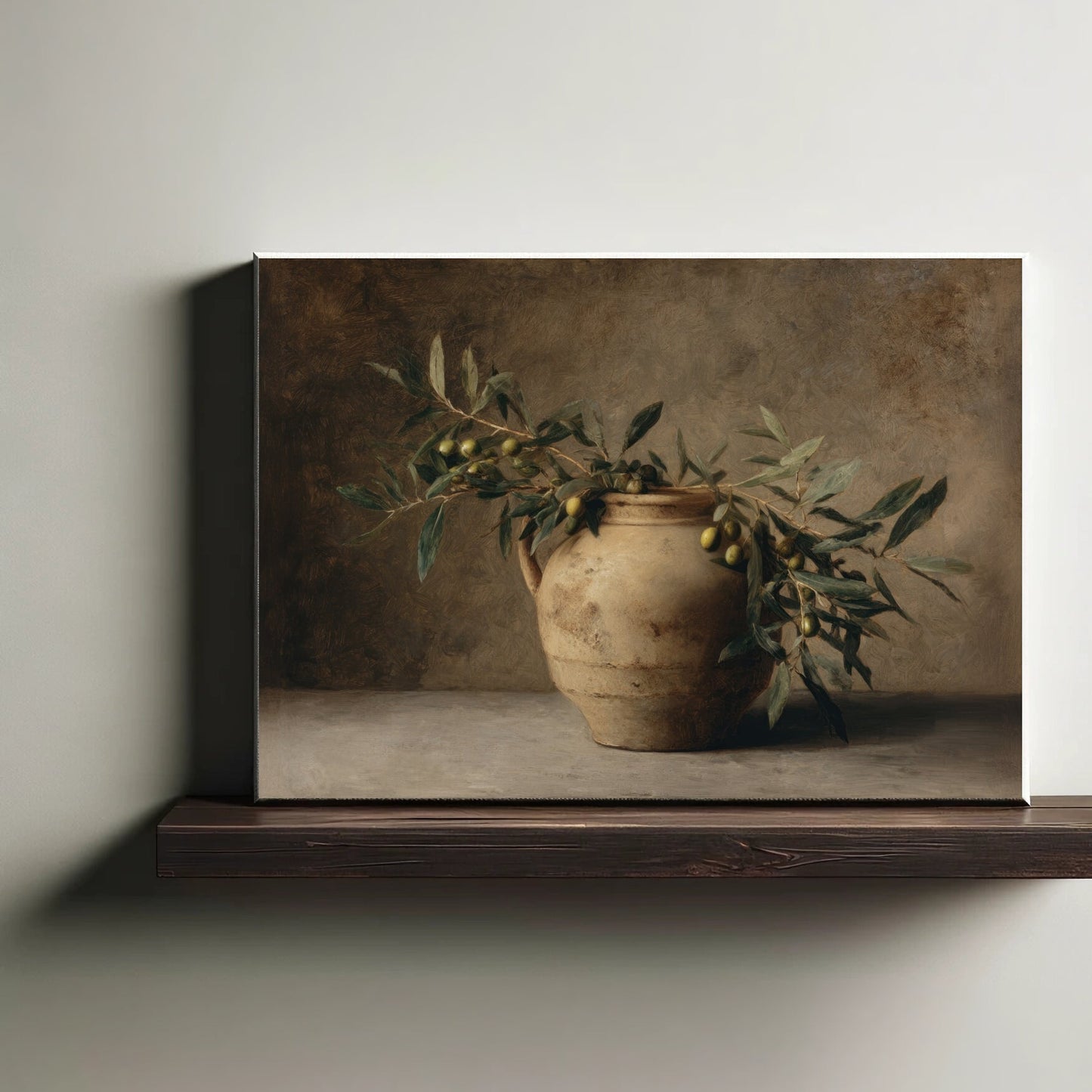 Canvas print of a still life with a vase and olive branches on a wooden shelf.