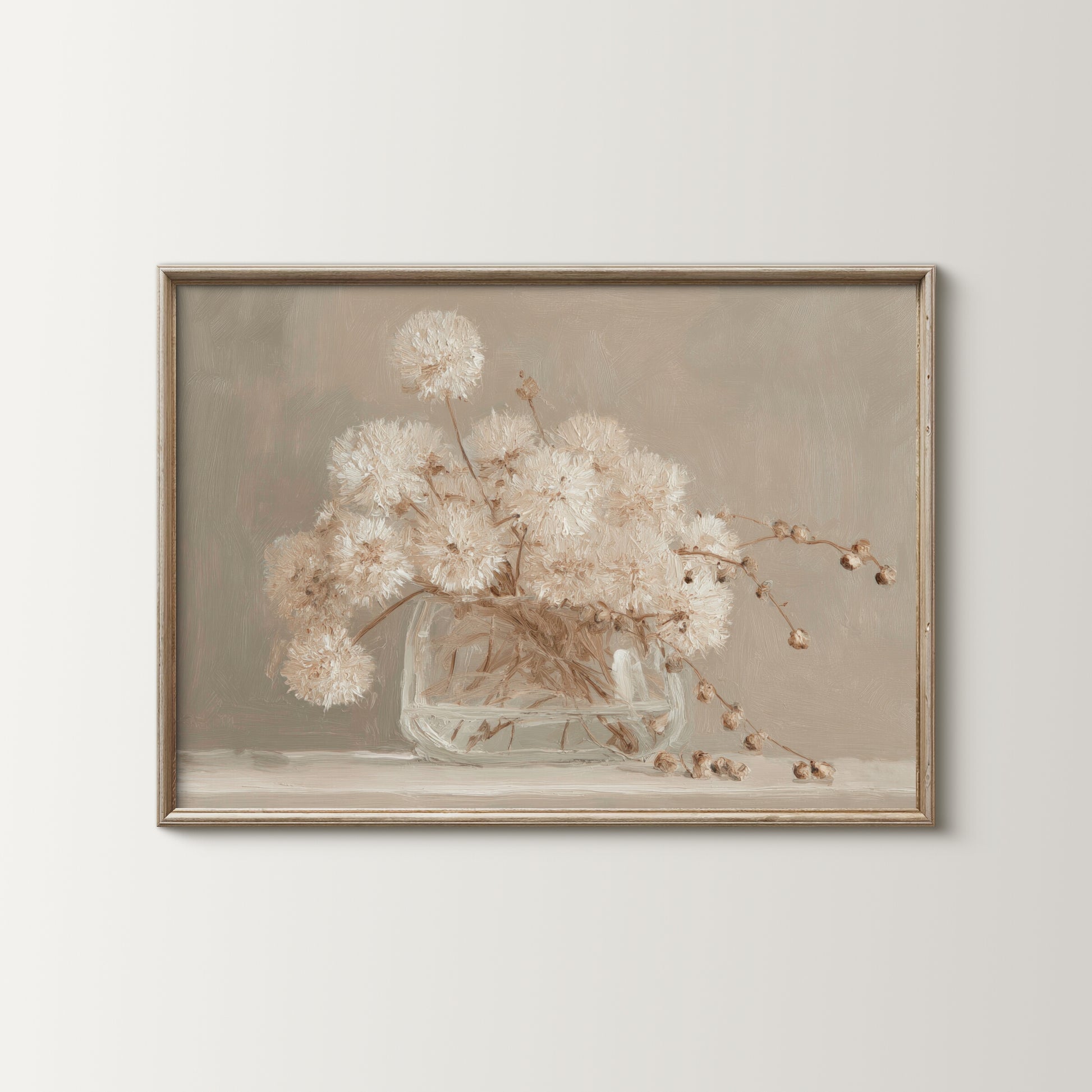 Framed artwork of a still life with flowers on a beige background