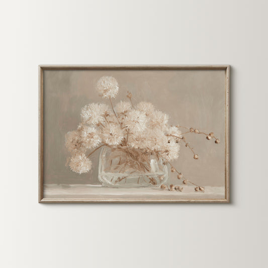 Framed artwork of a still life with flowers on a beige background