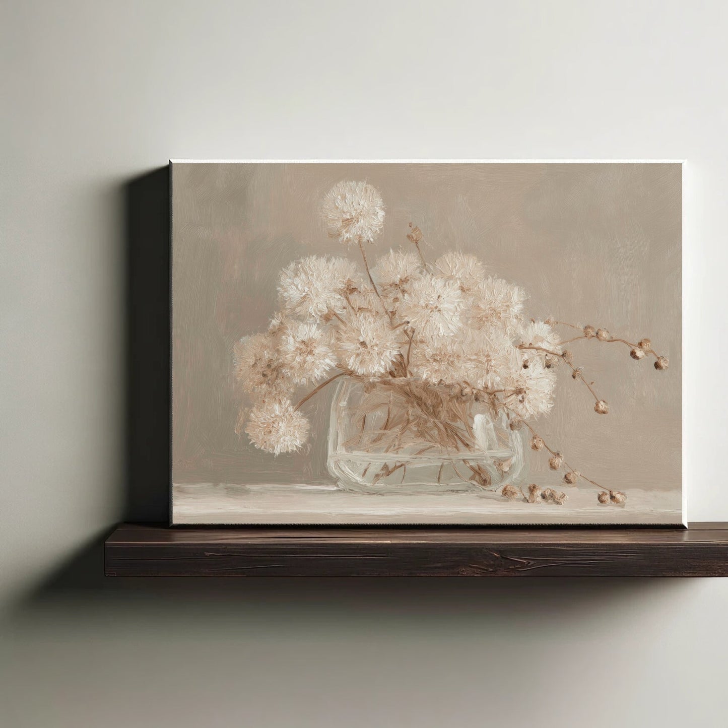 Canvas print of a floral arrangement in a glass vase on a wooden shelf against a plain wall.