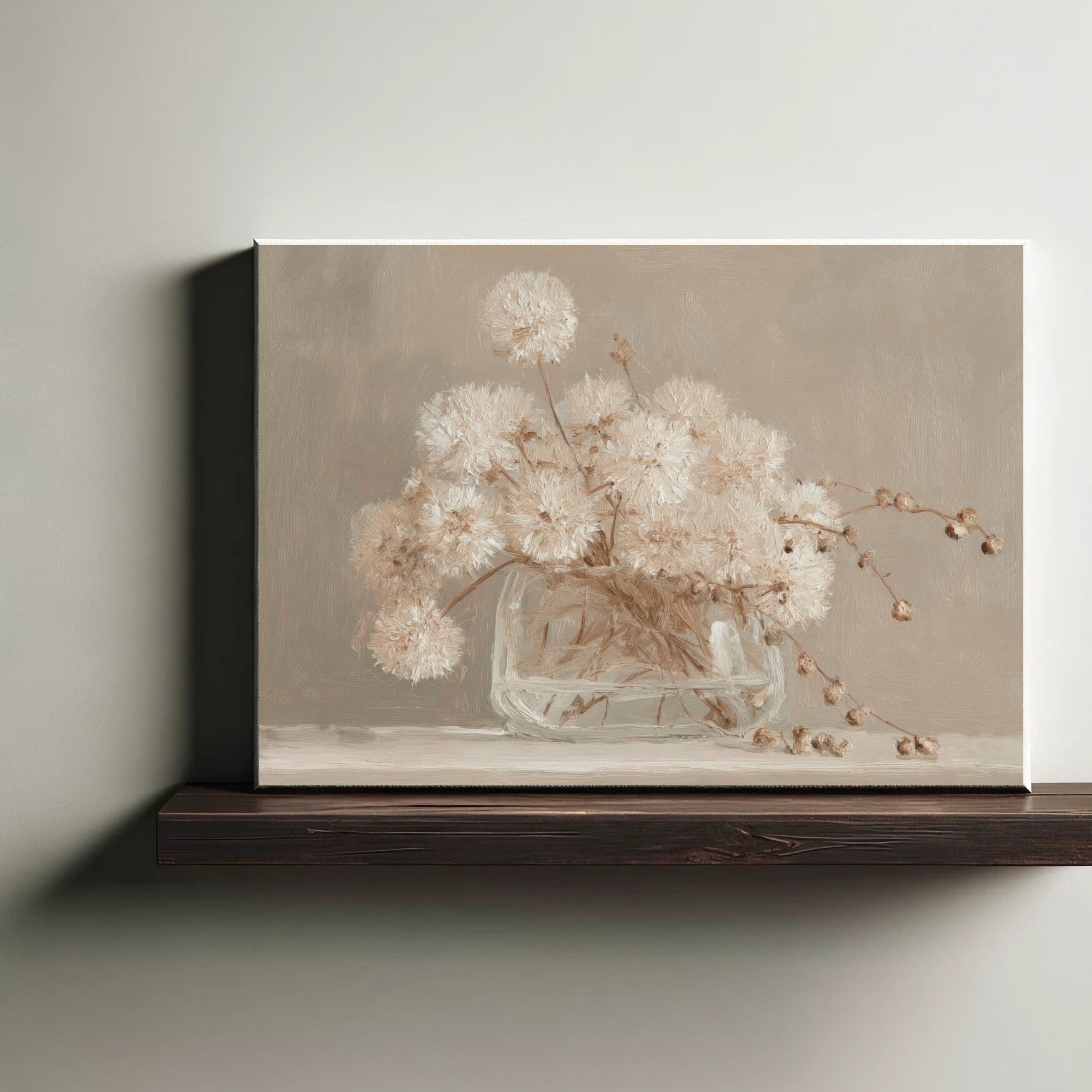 Canvas print of a floral arrangement in a glass vase on a wooden shelf against a plain wall.