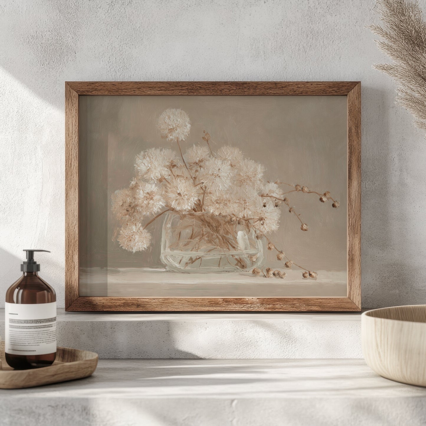 Framed artwork of a floral arrangement on a shelf with a bottle and bowl.