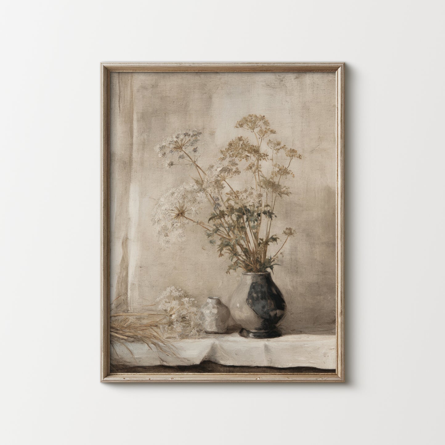 Framed artwork of a still life with flowers and a vase on a table.