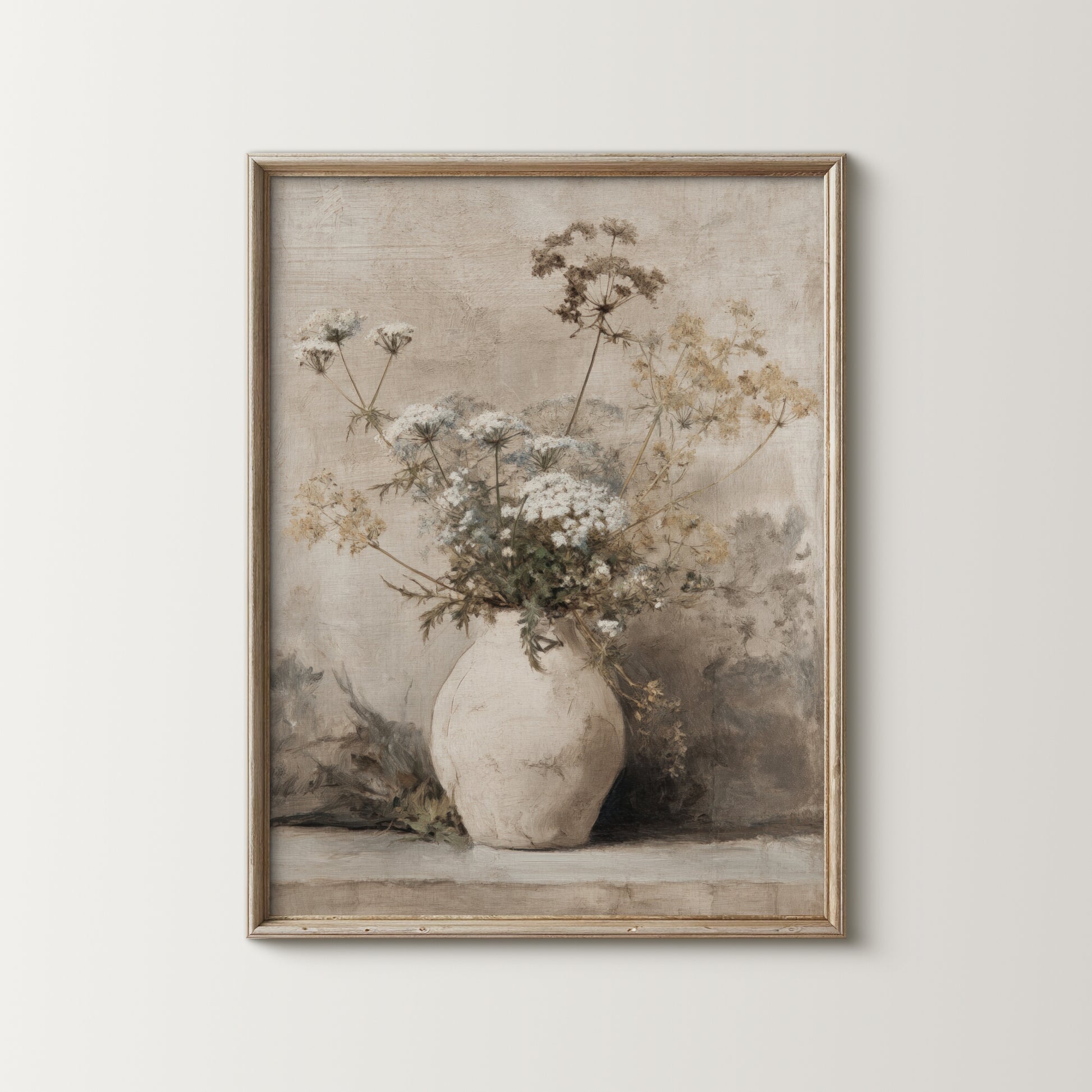 Framed artwork of a vase with flowers on a light background
