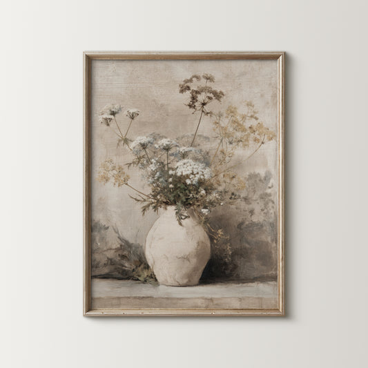 Framed artwork of a vase with flowers on a light background