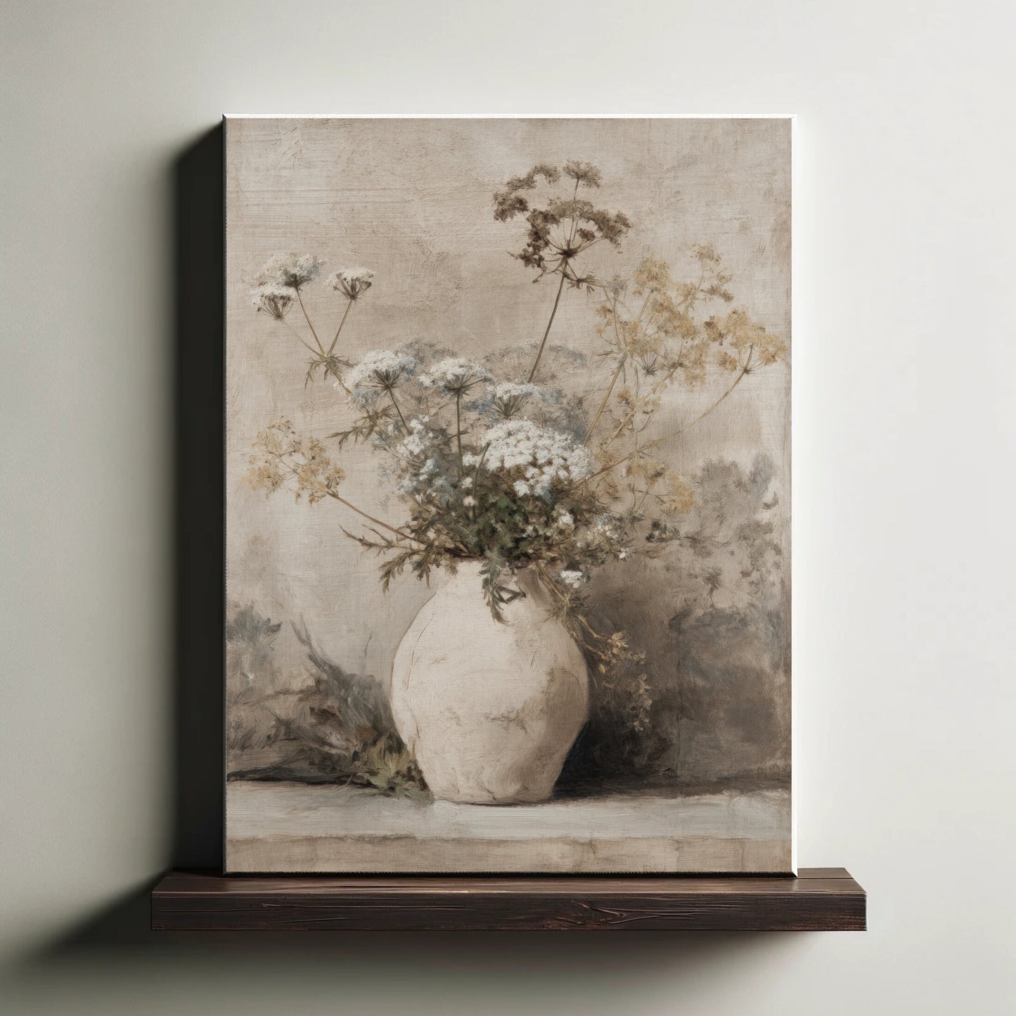 Framed artwork of a vase with flowers on a neutral background