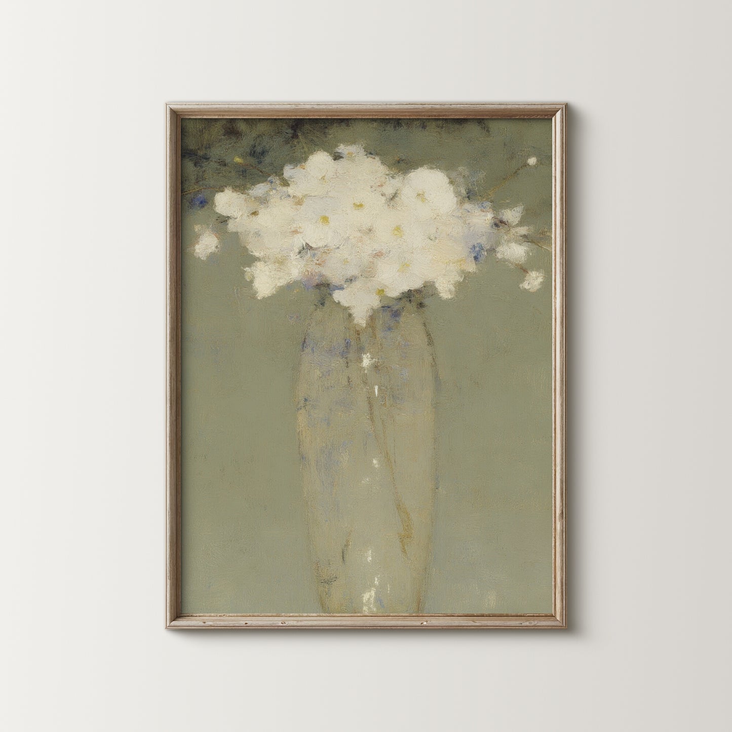 White Floral Still Life Art Print, Green Abstract Neutral Decor (Digital Download)