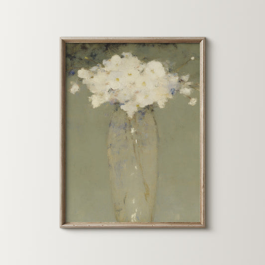 White Floral Still Life Art Print, Green Abstract Neutral Decor (Digital Download)