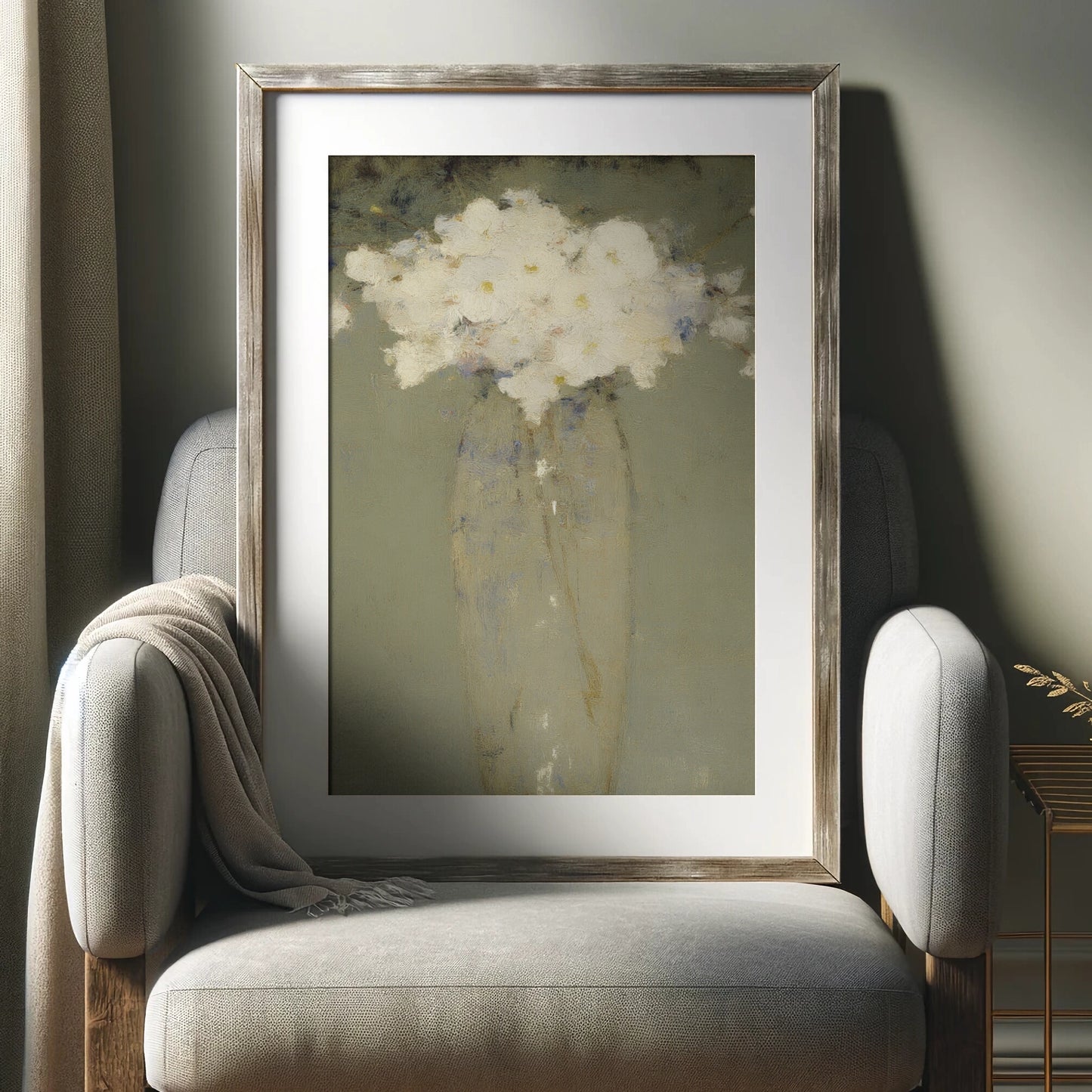 White Floral Still Life Art Print, Green Abstract Neutral Decor (Digital Download)