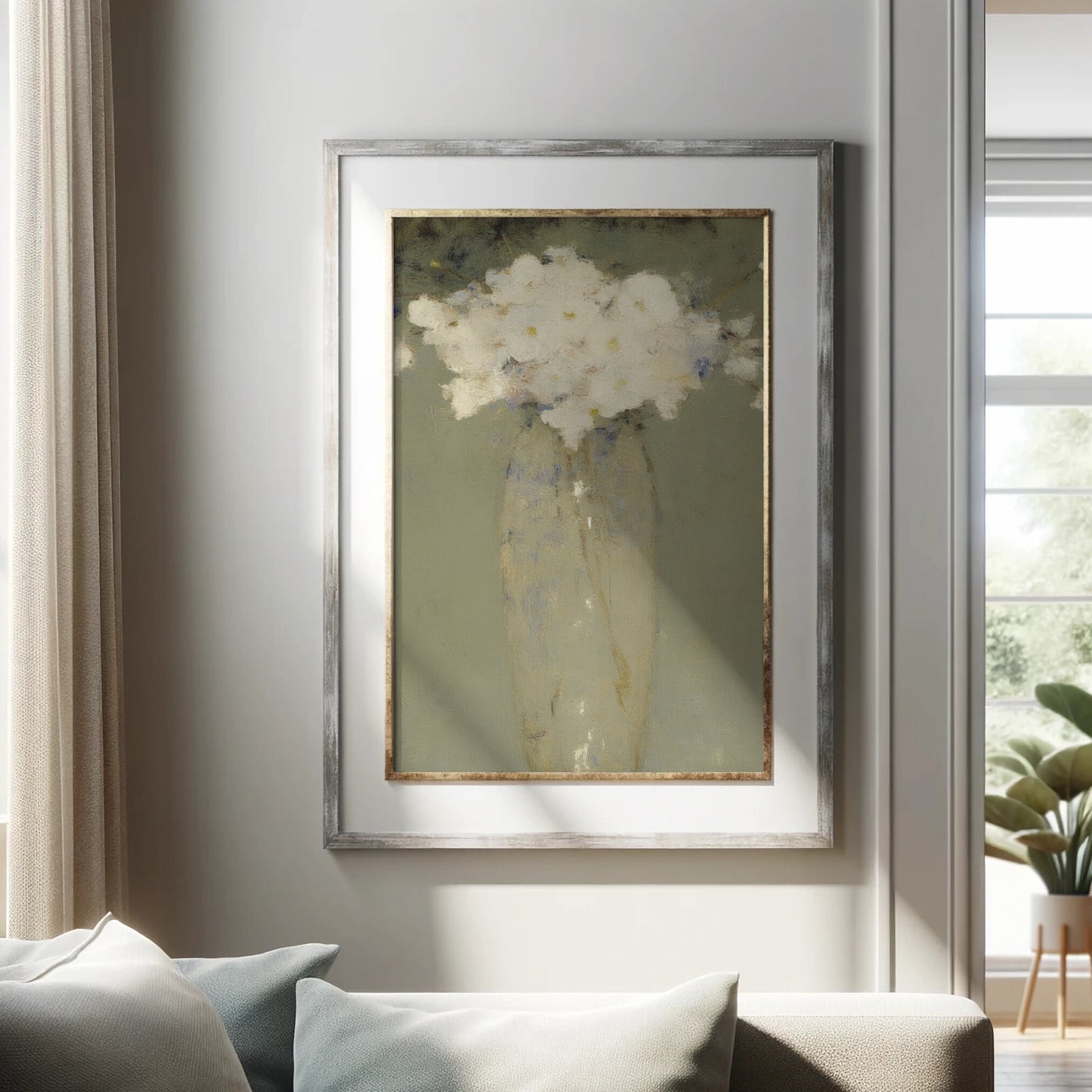 White Floral Still Life Art Print, Green Abstract Neutral Decor (Digital Download)
