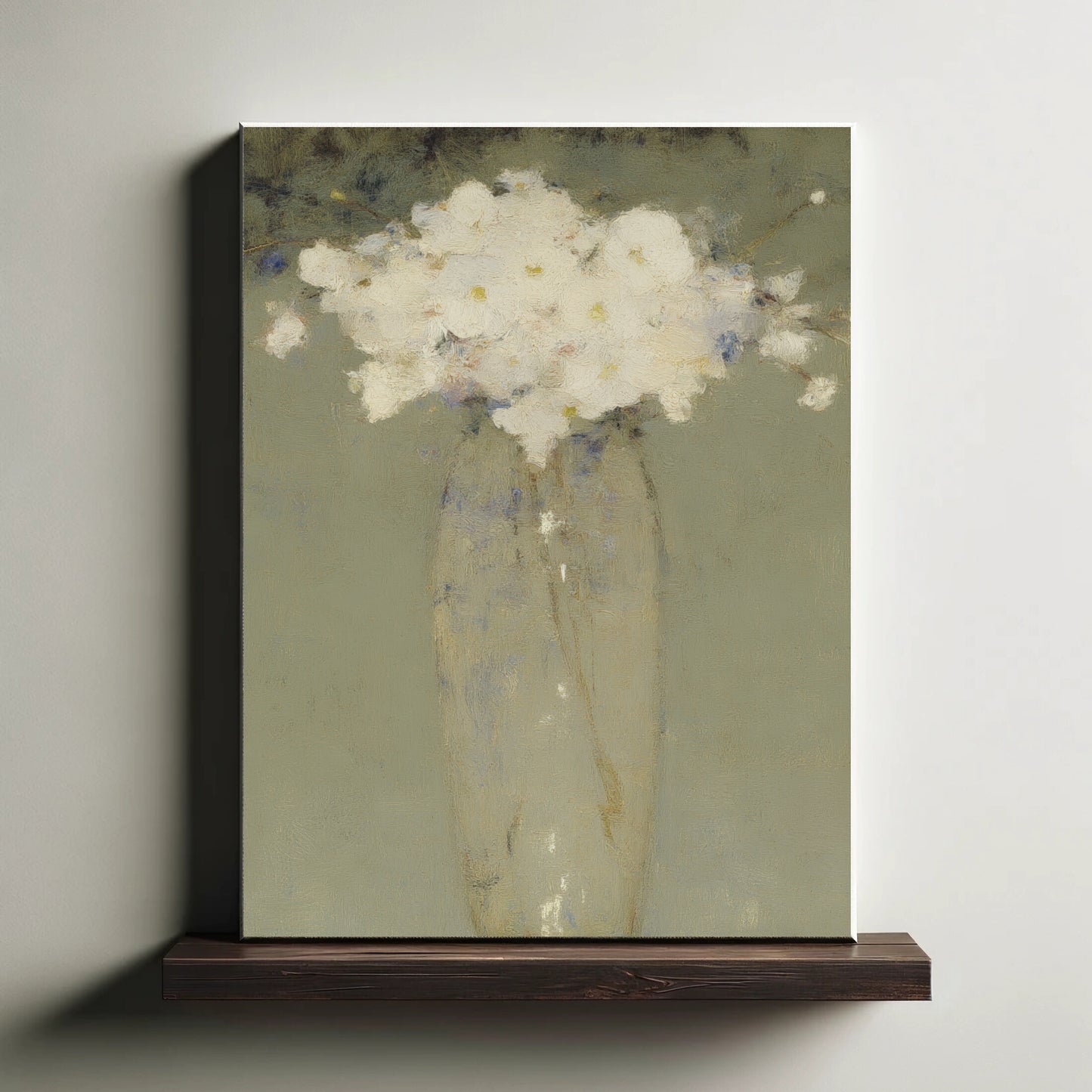 White Floral Still Life Art Print, Green Abstract Neutral Decor (Digital Download)