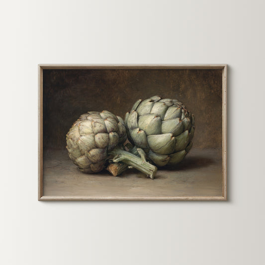 Framed artwork of two artichokes on a neutral background