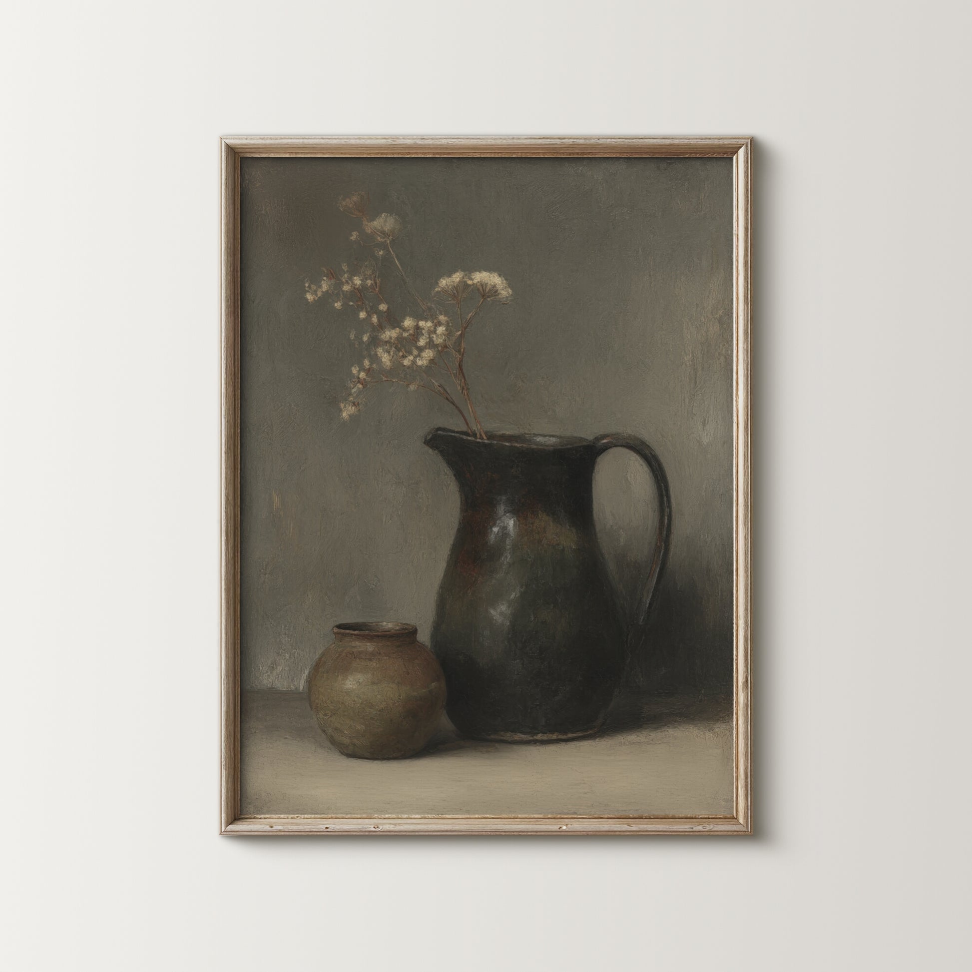 Framed painting of two vases and a branch on a neutral background