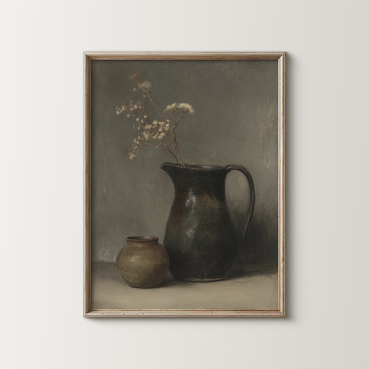 Framed painting of two vases and a branch on a neutral background