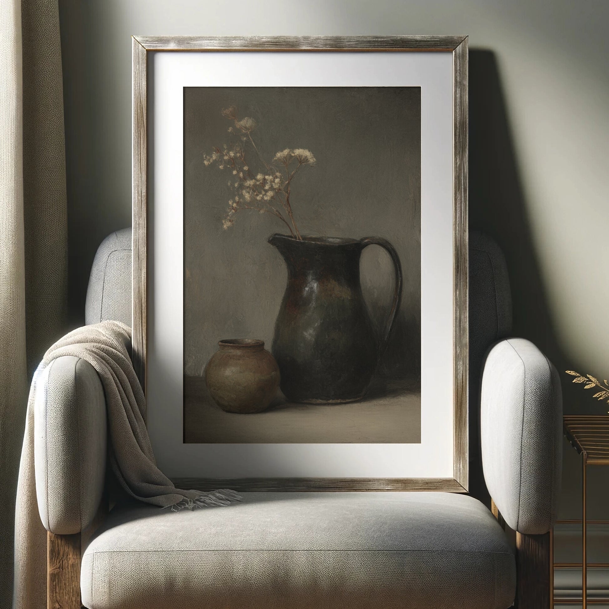 Framed still life painting of vases and a pitcher on a chair