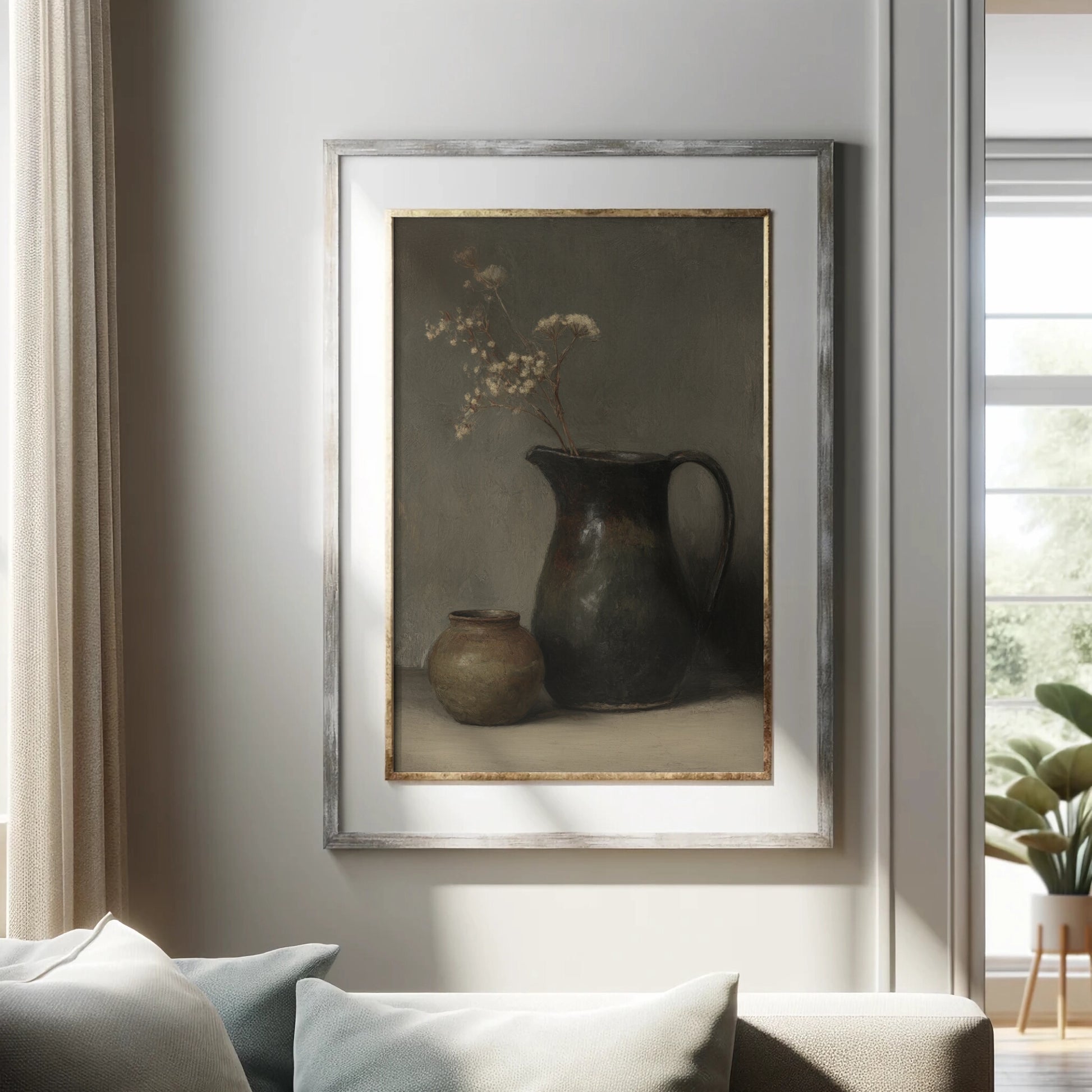 Framed artwork of a pitcher and vase on a wall in a living room.