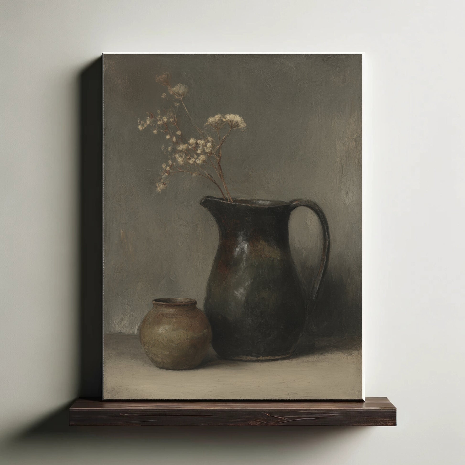Still life painting with a pitcher and small jar on a wooden shelf against a neutral background