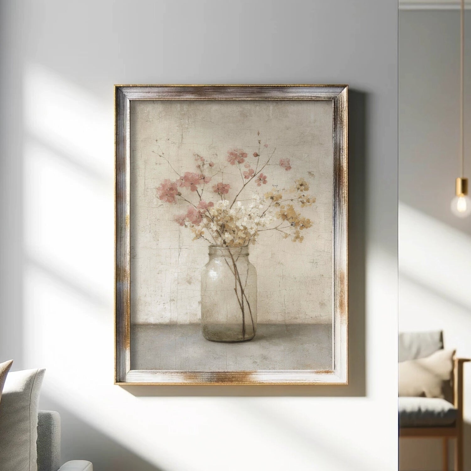 Framed artwork of a vase with flowers on a wall in a room with a light gray wall and a lamp.