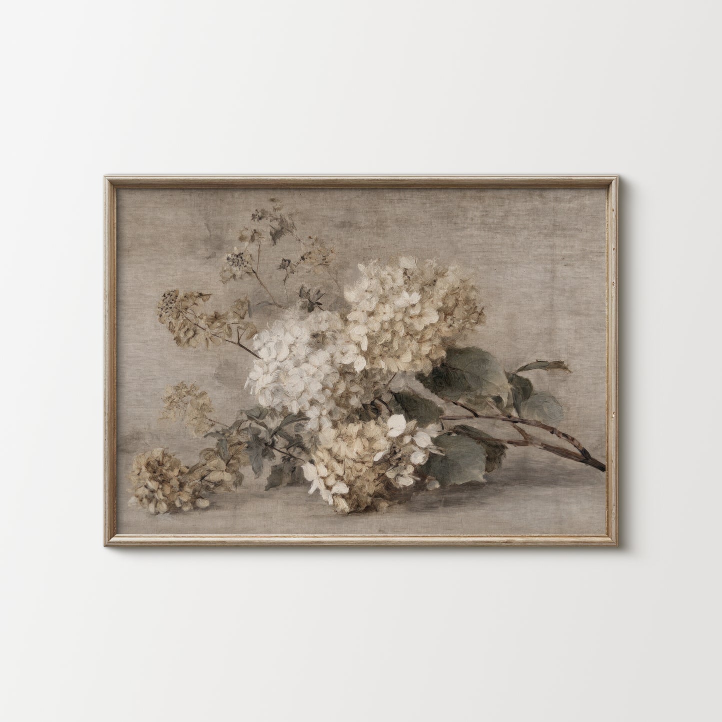 Framed artwork of a floral arrangement on a light gray background