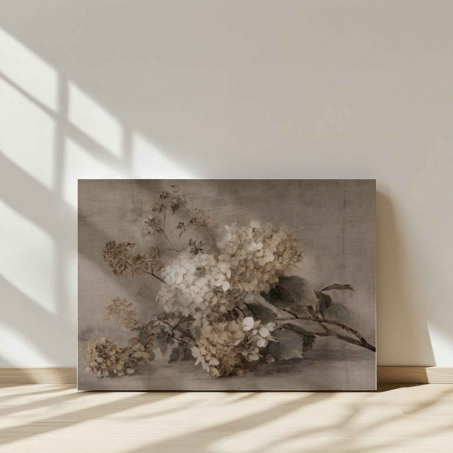 Canvas print of a floral arrangement on a wall with sunlight casting shadows.