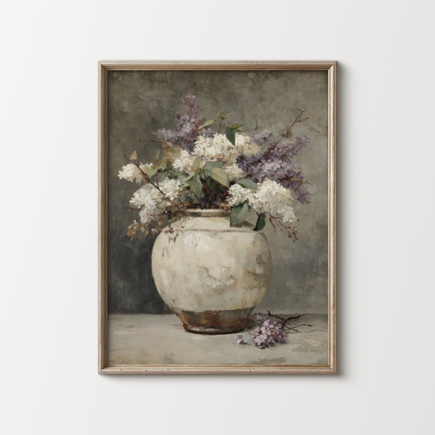Framed artwork of a vase with flowers on a textured background