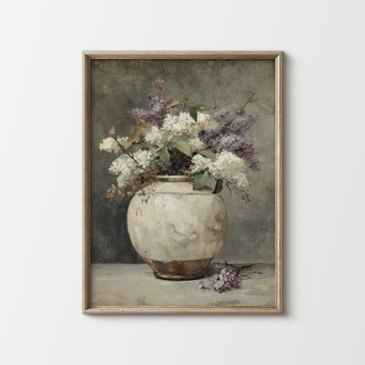 Framed artwork of a vase with flowers on a textured background