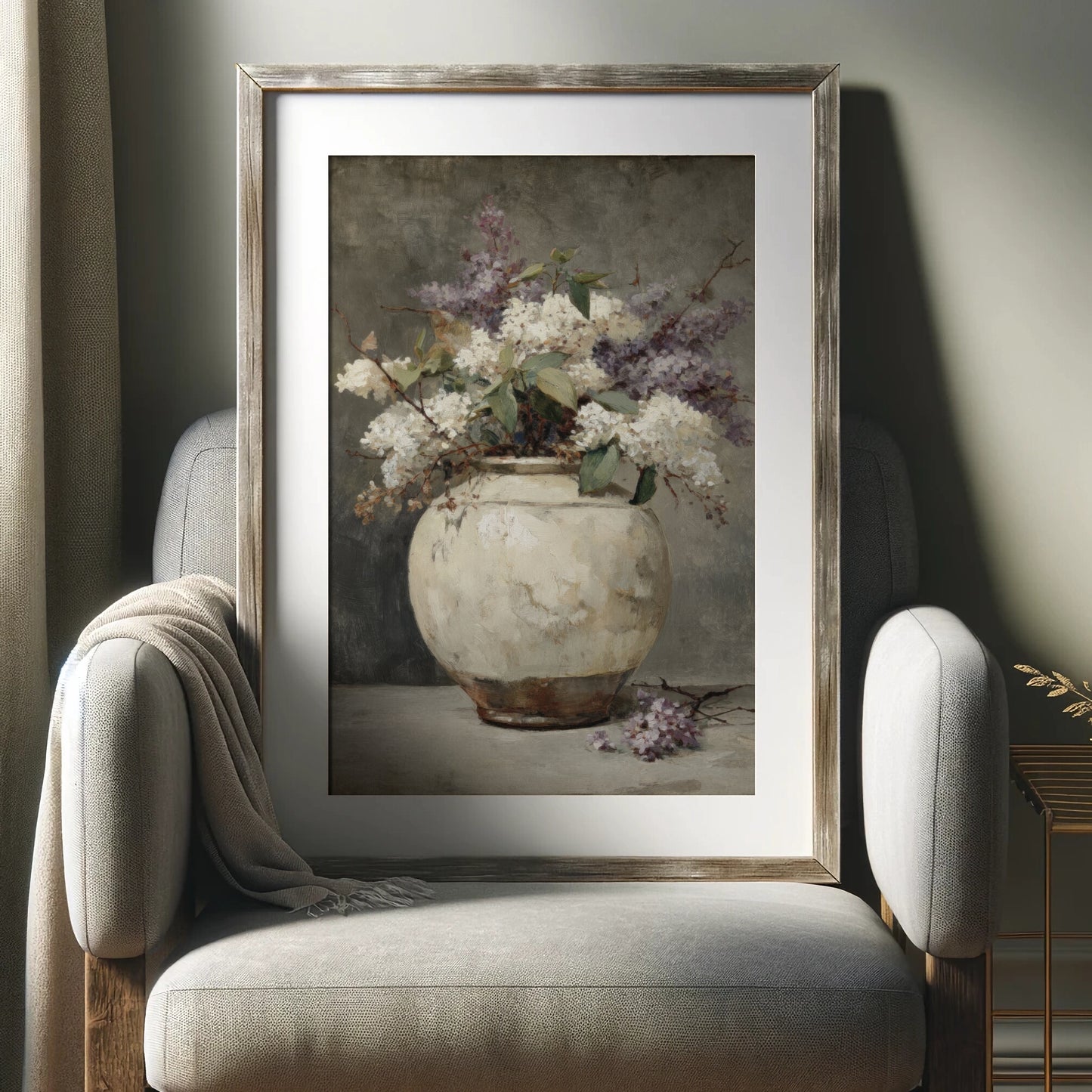 Framed painting of a vase with flowers on a chair